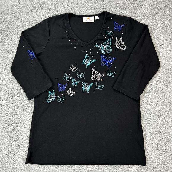 Quacker Factory Short Sleeve Pullover Shirt Black Blue Butterflies Size XS - Picture 1 of 8